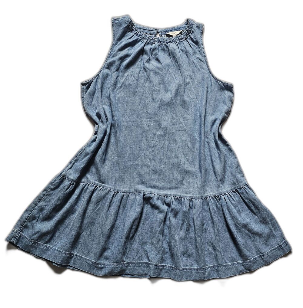 LOFT XL Chambray Denim Ruched Flounce Swing Dress Sleeveless Tiered Ruffle Hem